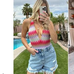 show me your mumu biarritz red zigzag crochet bikini one piece bodysuit medium